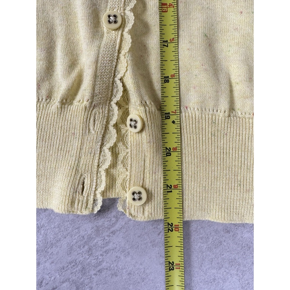 CAbi Cardigan Sweater Yellow Speckled Lace Trim Accent 100% Cotton L Coquette - Picture 7 of 7